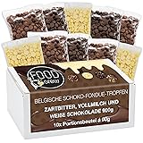 FOOD crew 900g belgische Schokolade für Fondue - Mix aus Vollmilch, Zartbitter & Weiß - Schokobrunnen – Schoko Kuvertüre Drops - 10 Portionsbeutel einzeln verpackt
